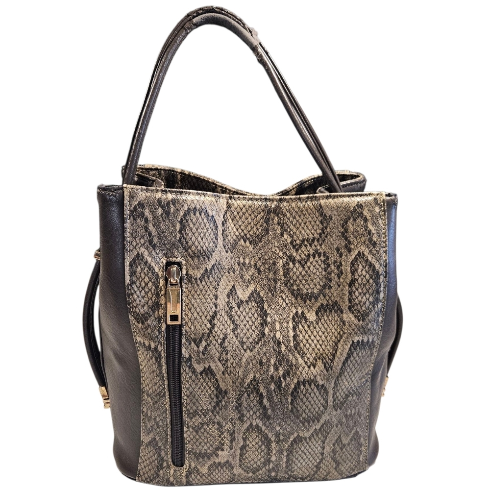 SAMOE Faux Snakeskin and Leather Tote Bag – Structured Shoulder Handbag